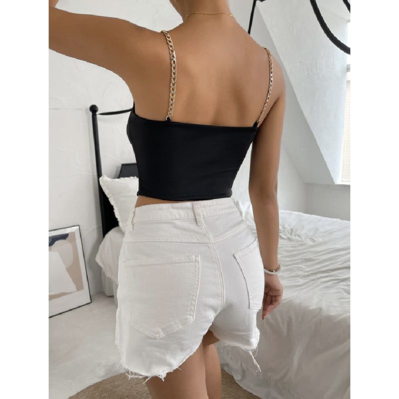 Черен кроп топ с верижки и изрязан детайл C0577