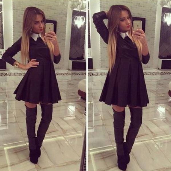 Елегантна черна рокля с бяла яка C0339