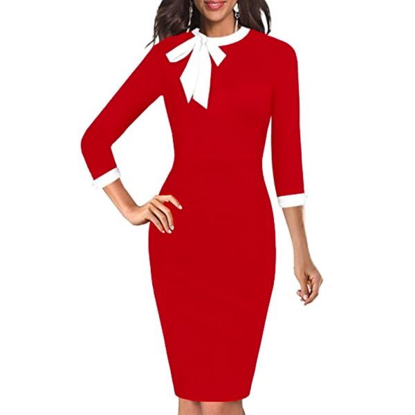 Елегантна червена рокля тип молив с бяла панделка и 3/4 ръкави C0341
