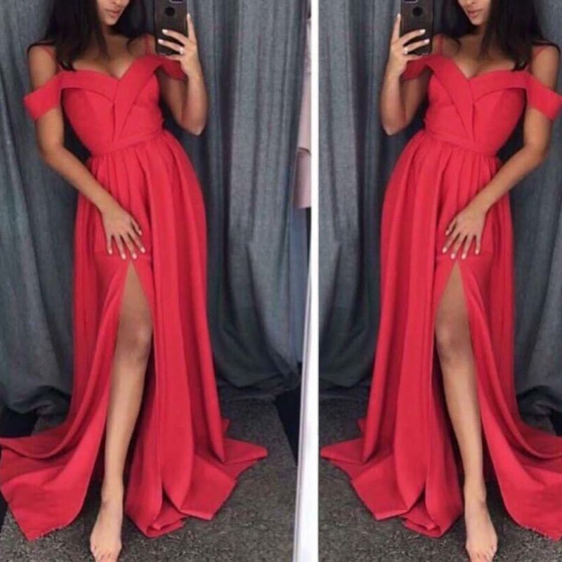 Червена дълга официална рокля с паднали рамене C0404