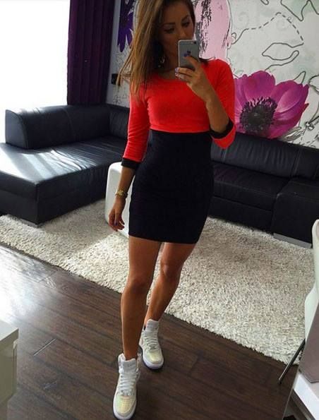 Червено-черна къса рокля с 3/4 ръкав C0461