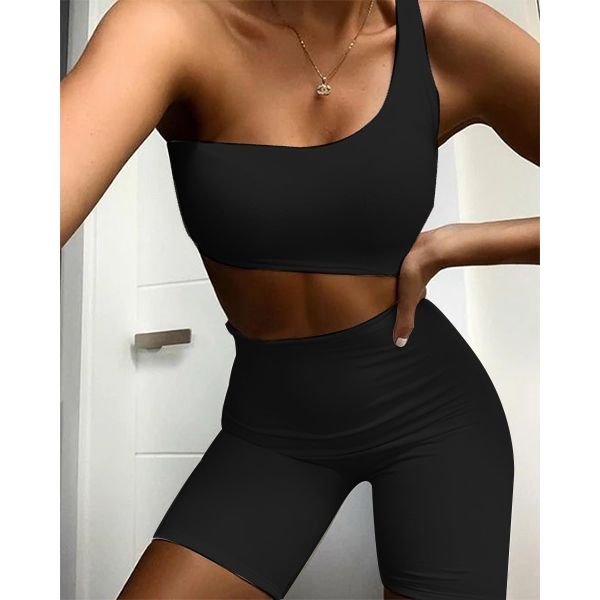 Черен спортен комплект с едно рамо и къс клин C0469