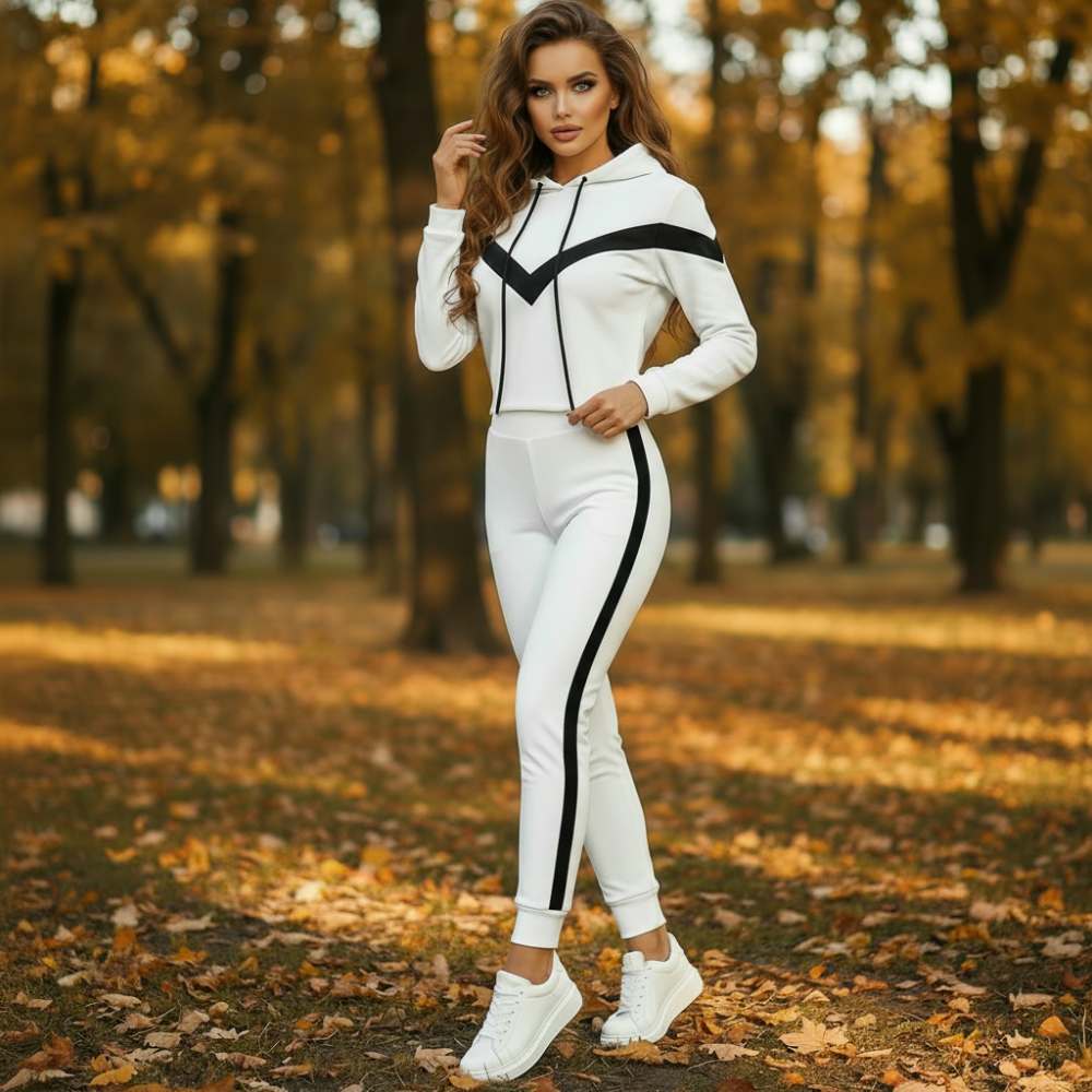 Бял спортен комплект с черни линии C0373