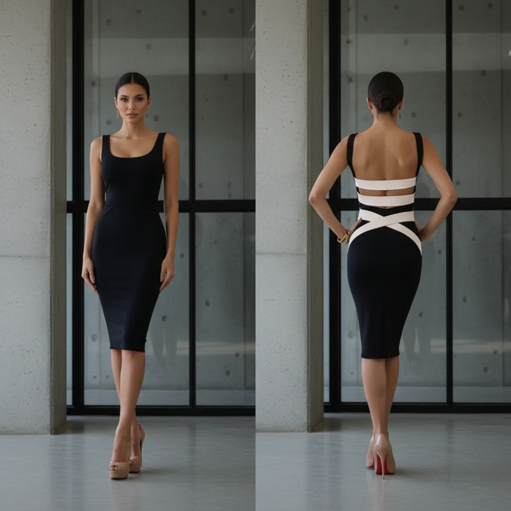 Μαύρο κομψό φόρεμα με ανοιχτή πλάτη και λευκές ρίγες C0440