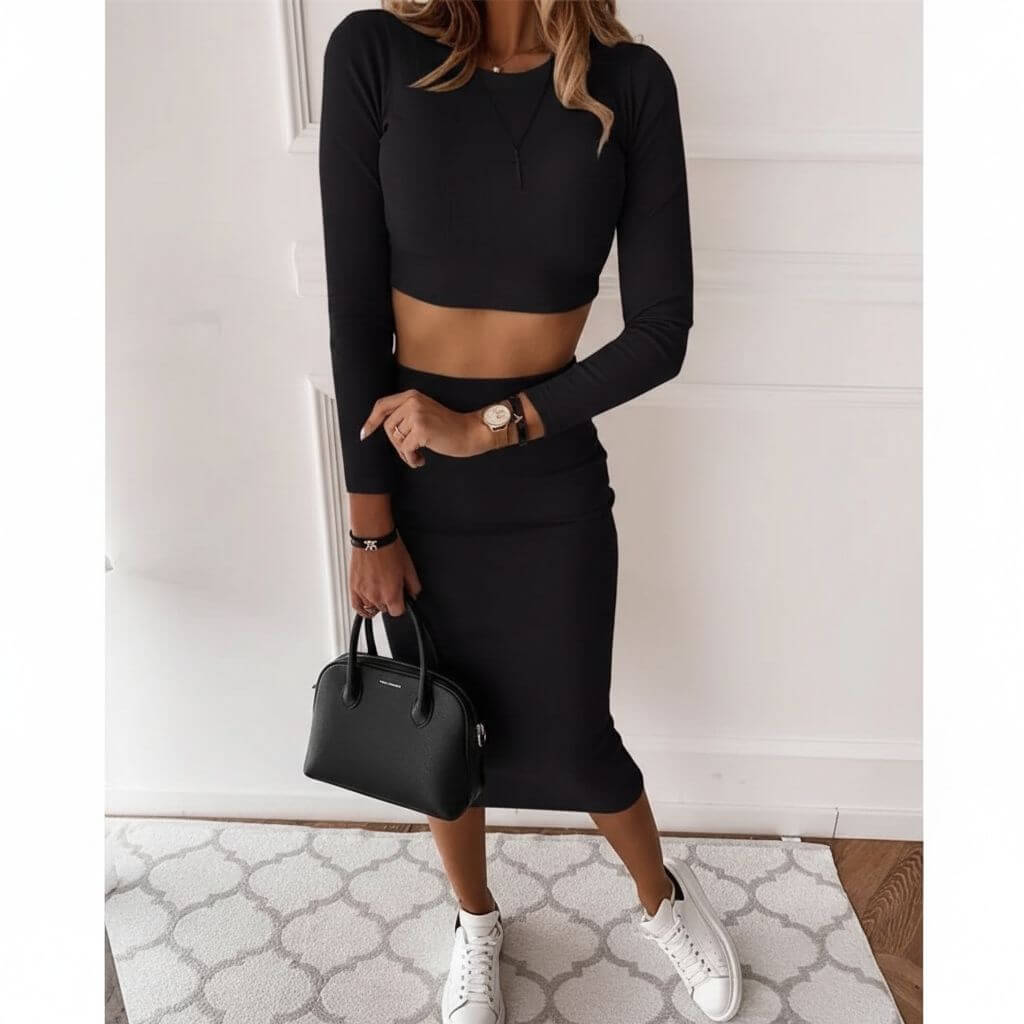 Ежедневен черен комплект с дълъг ръкав и миди пола C0216