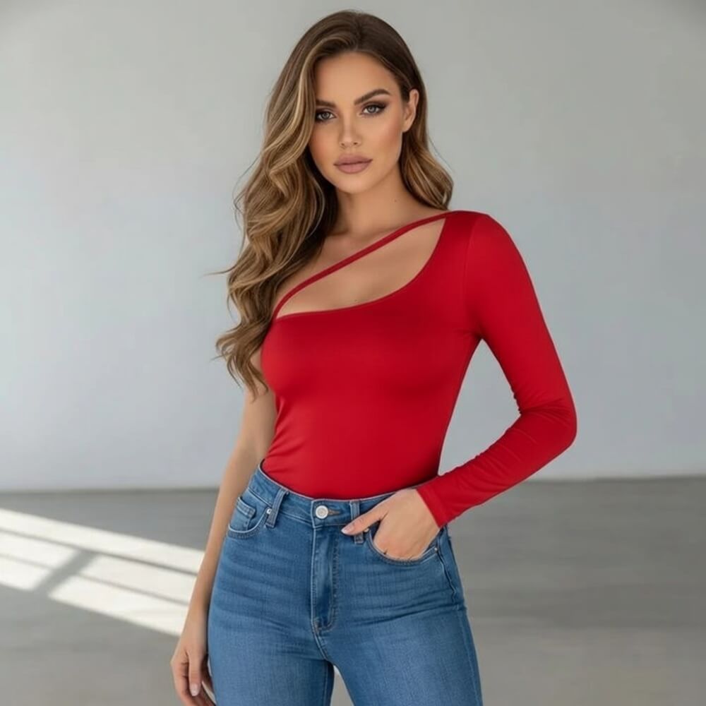 Червена дамска блуза с асиметрично деколте и един ръкав C0503