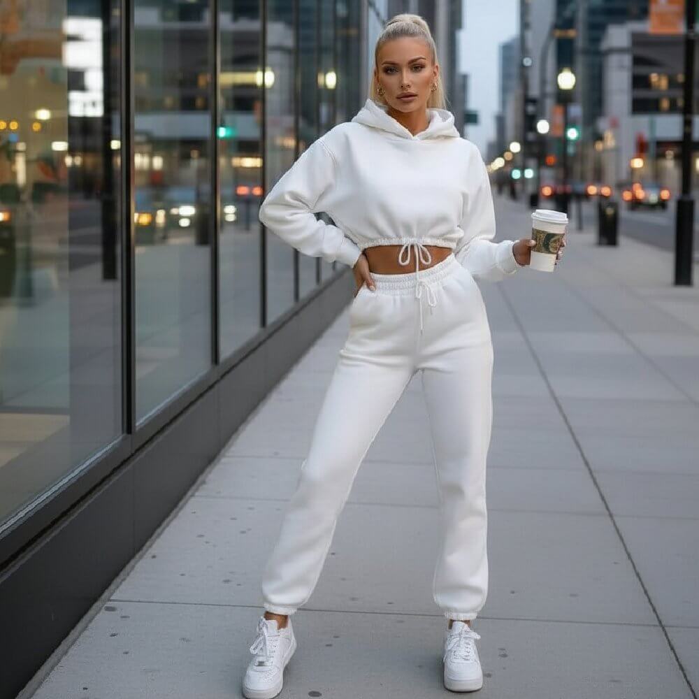 Бял спортен комплект с къс суичър с качулка C0244