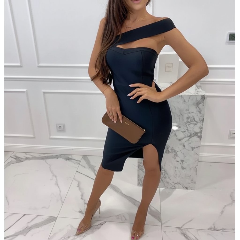 Черна рокля с асиметрично рамо и цепка C0104