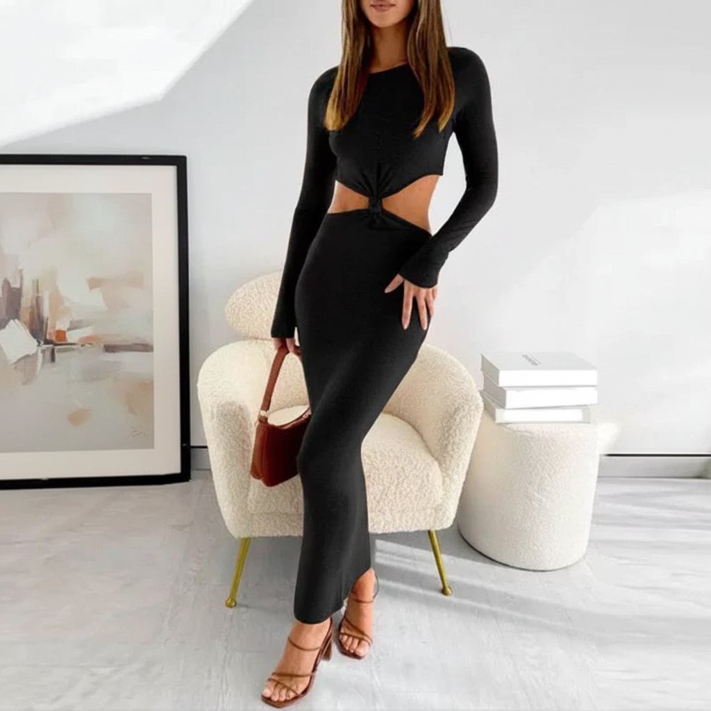 Черна дълга рокля с изрязана талия C0119