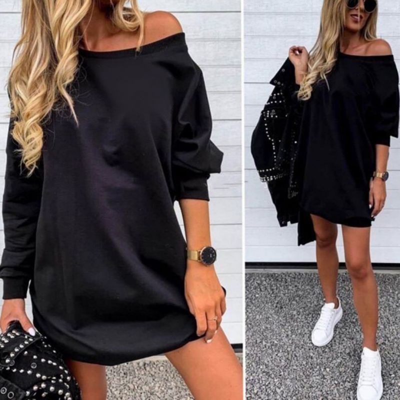 Черна ежедневна туника с паднало рамо С0491