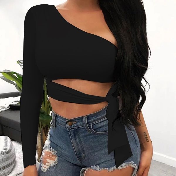 Черен асиметричен топ с дълъг ръкав и връзка C0501