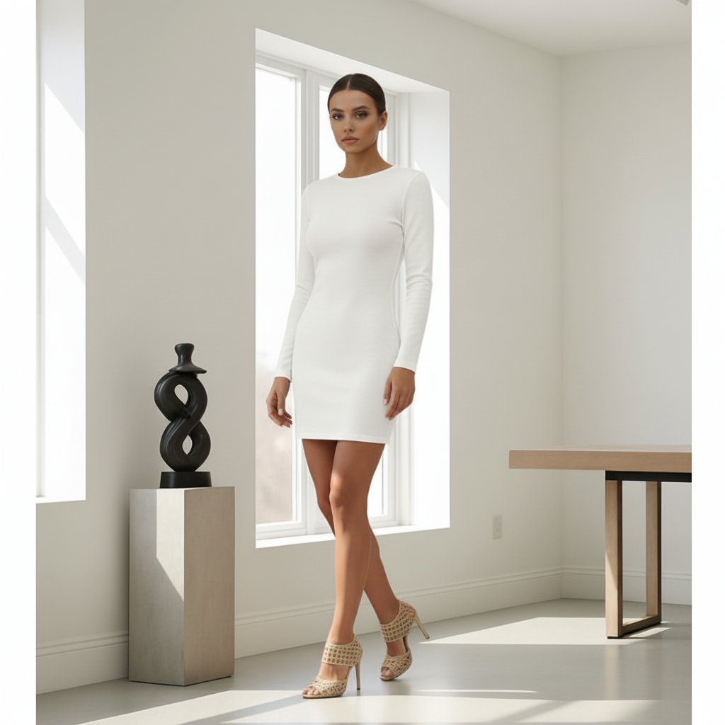 Бяла рокля с дълъг ръкав и гол гръб C0463