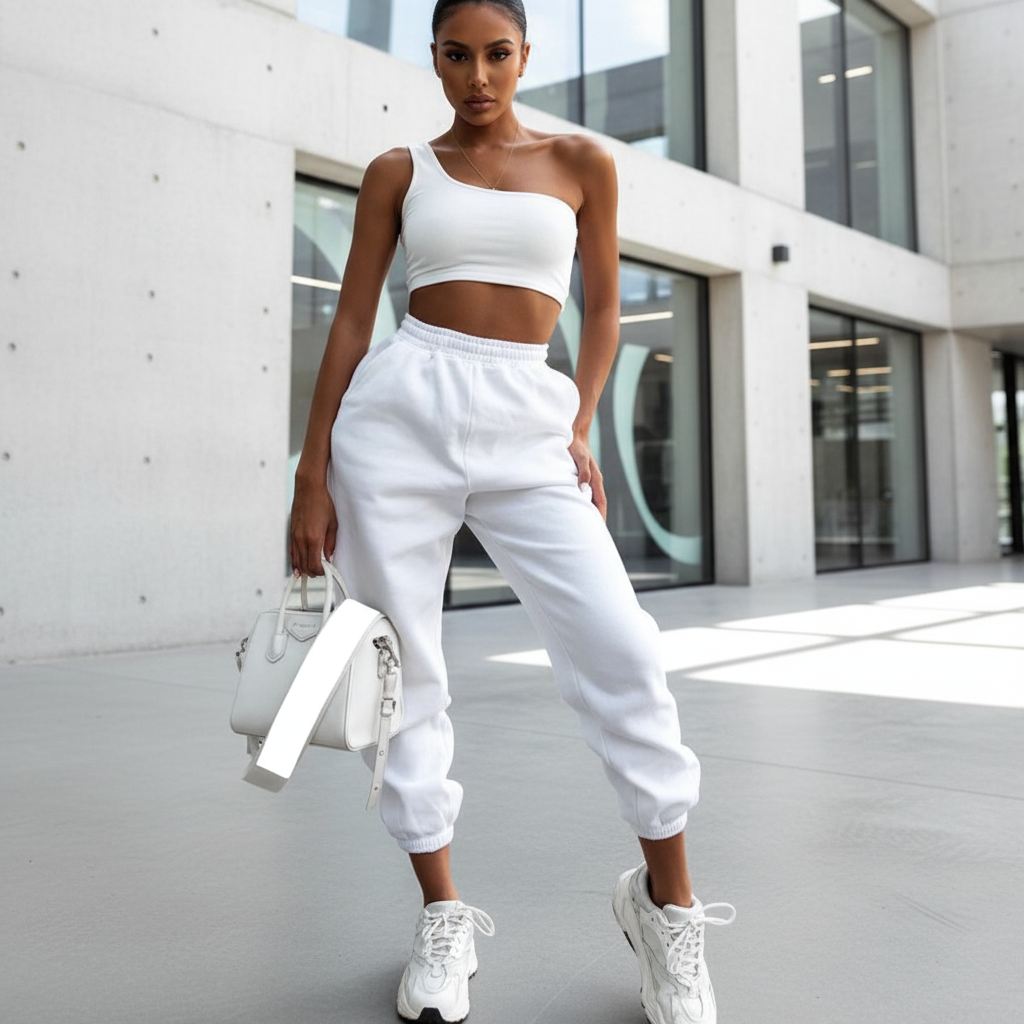 Бял спортен комплект с асиметричен топ C0259