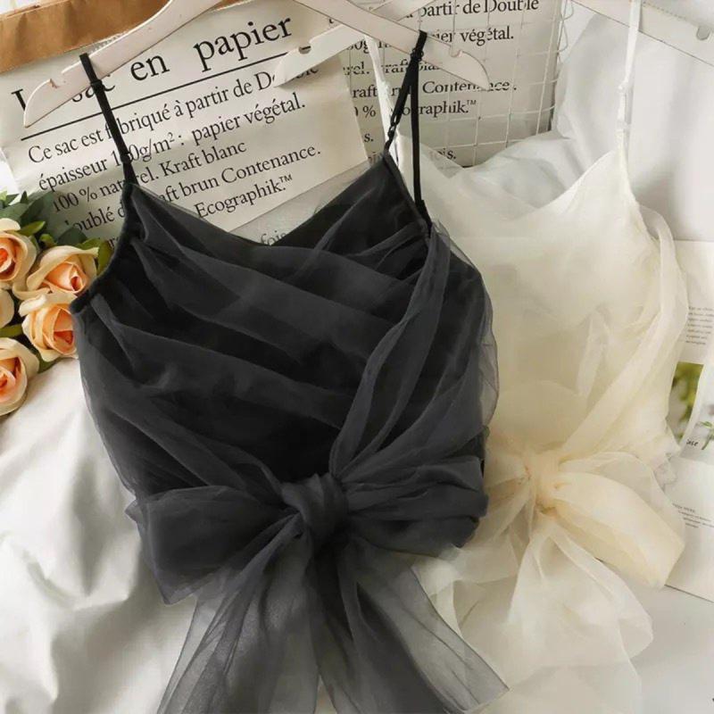 Черен дамски топ с тюл и голяма панделка C0557