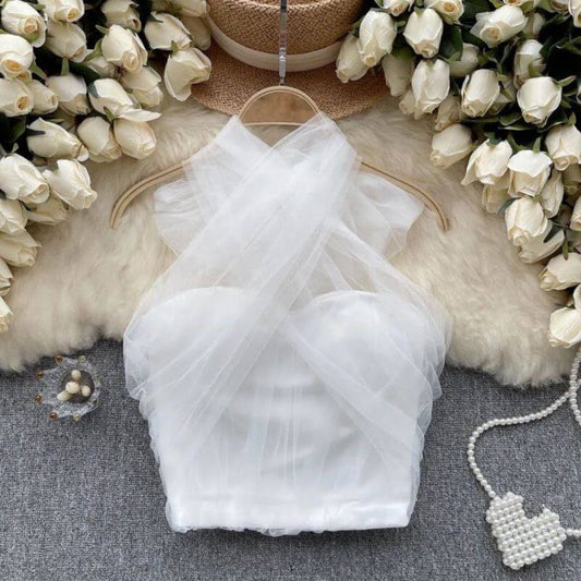 Елегантен бял топ с тюл и прехвърляне C0558