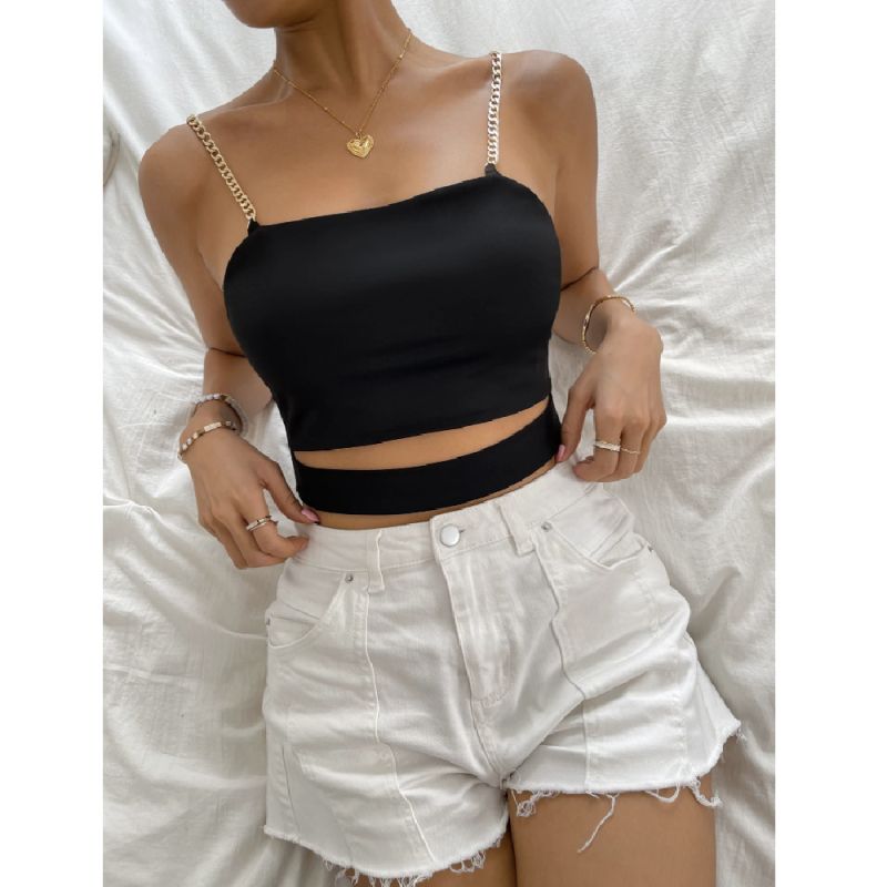 Черен кроп топ с верижки и изрязан детайл C0577