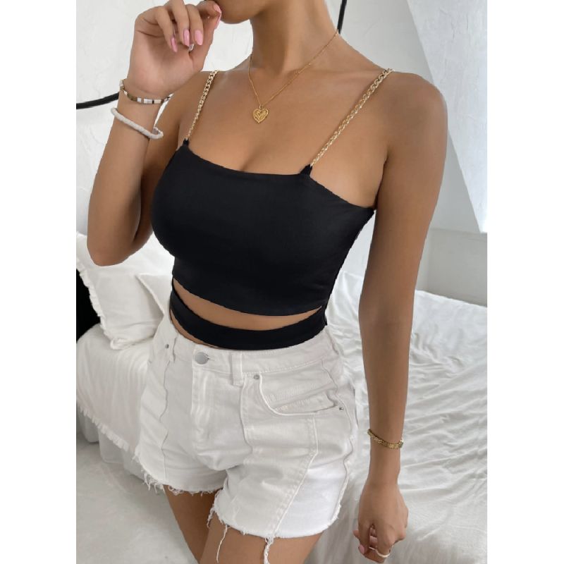 Черен кроп топ с верижки и изрязан детайл C0577