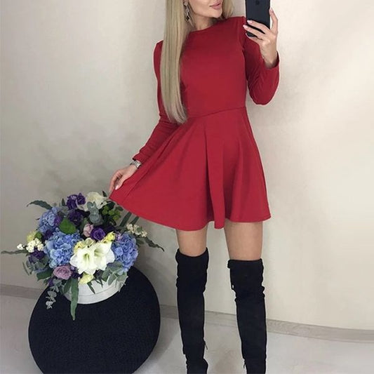 Червена разкроена рокля с дълъг ръкав C0328