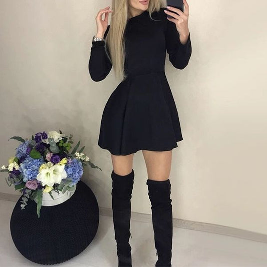 Черна разкроена рокля с дълъг ръкав C0329