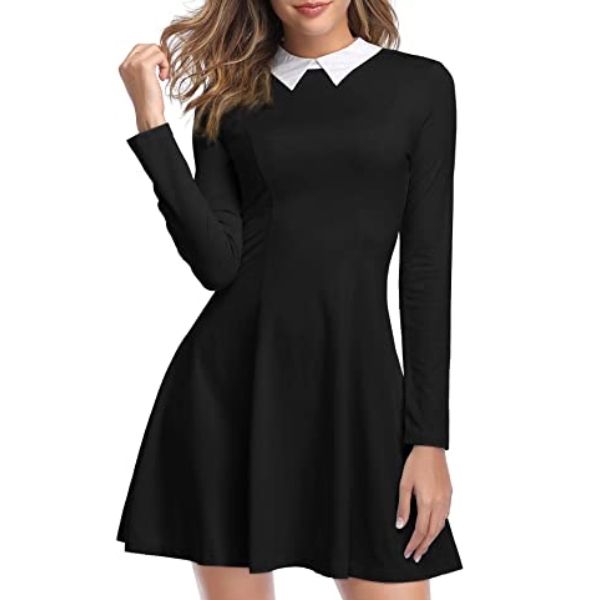 Класическа черна рокля с дълъг ръкав и бяла яка C0340