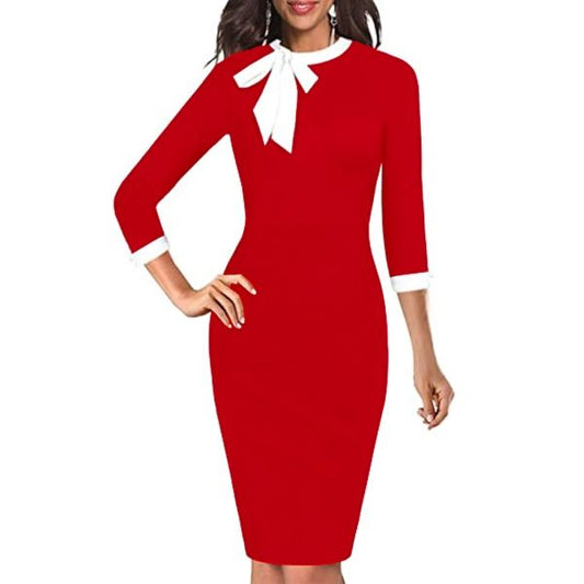 Елегантна червена рокля тип молив с бяла панделка и 3/4 ръкави C0341