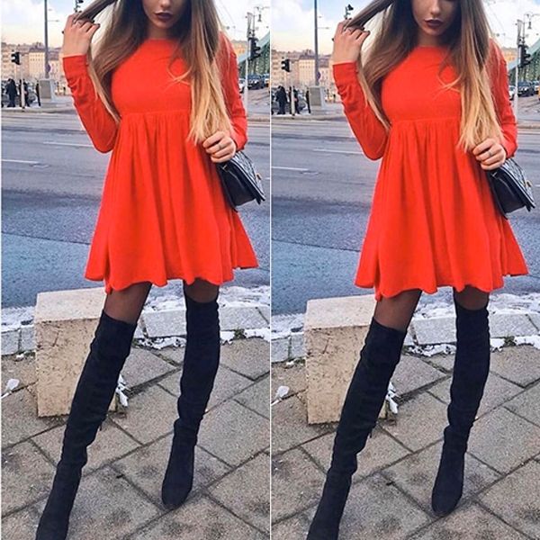 Червена свободна рокля с дълъг ръкав и А-силует C0371