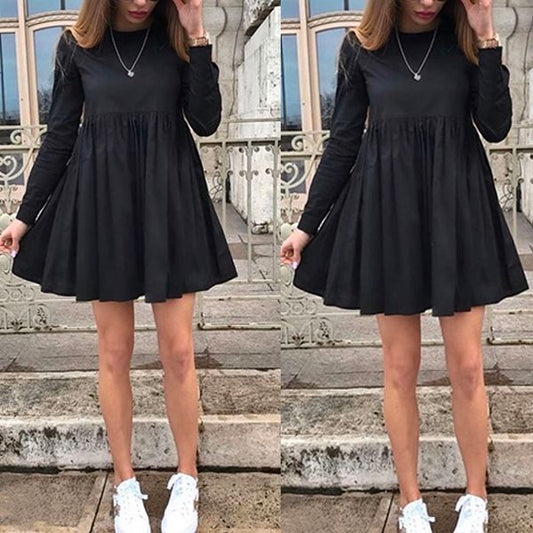 Черна свободна рокля с дълъг ръкав и А-силует C0372