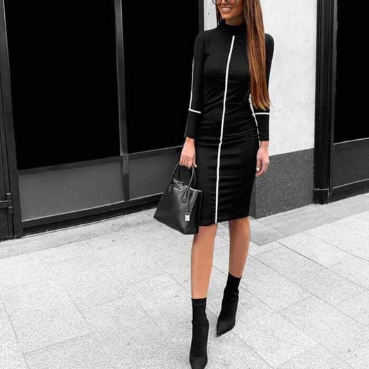 Черна елегантна рокля с бели акценти и дълъг ръкав C0380