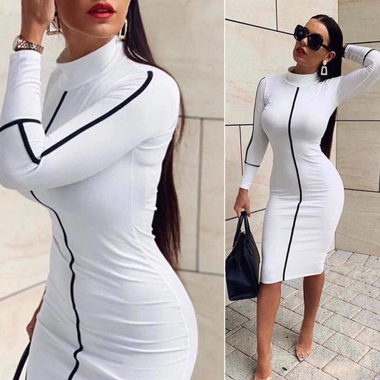 Бяла елегантна рокля с черни акценти и дълъг ръкав C0381