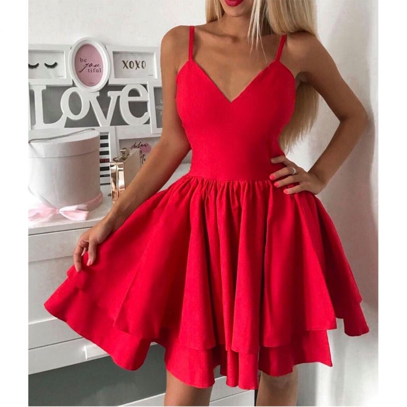 Червена разкроена рокля с тънки презрамки C0401