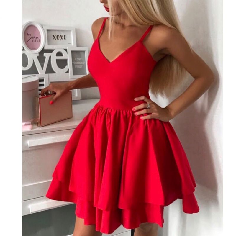 Червена разкроена рокля с тънки презрамки C0401