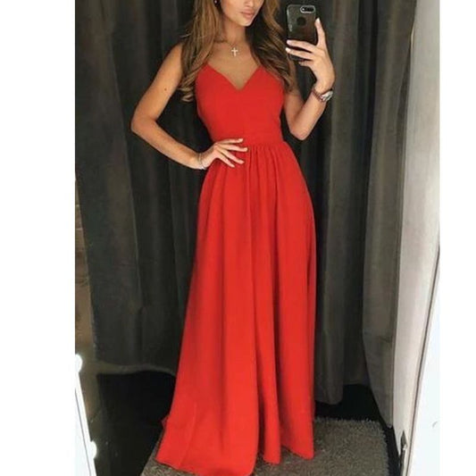 Червена дълга рокля с тънки презрамки C0402