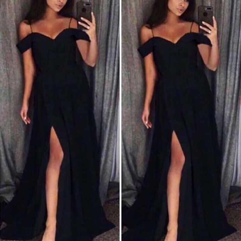 Черна дълга официална рокля с паднали рамене C0405