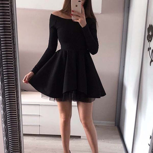 Черна рокля с дълъг ръкав и тюл C0457