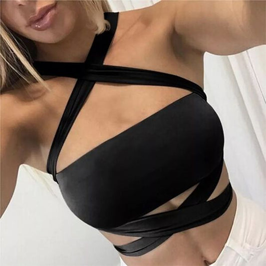 Черна блуза тип бюстие с преплетени презрамки C0538