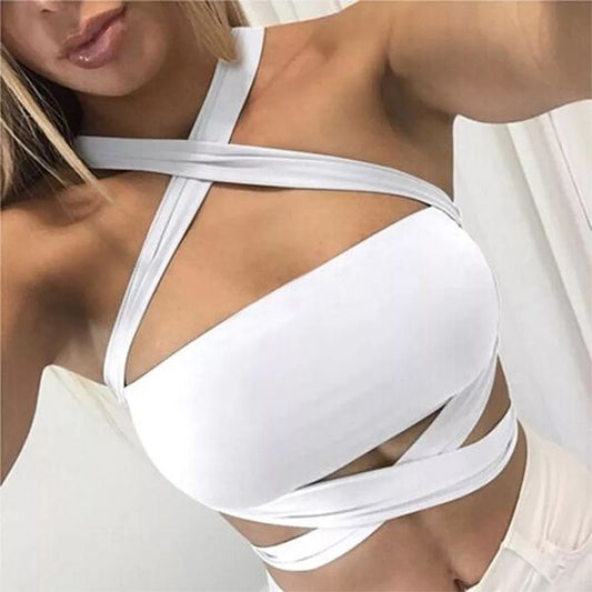 Бяла блуза тип бюстие с преплетени презрамки C0539