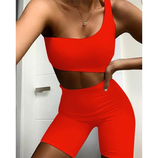 Червен спортен комплект с едно рамо и къс клин C0471