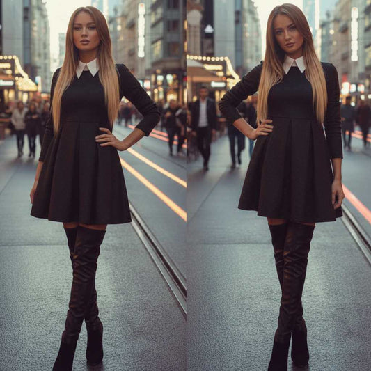 Елегантна черна рокля с бяла яка C0339