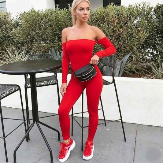 Дамски червен гащеризон с дълъг ръкав C0634