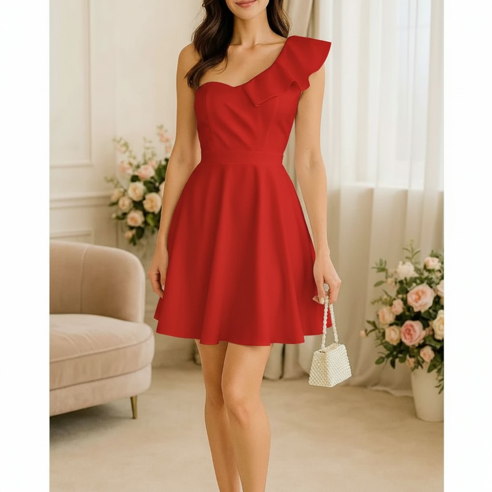 Κόκκινο κομψό φόρεμα με έναν ώμο και βολάν C0086