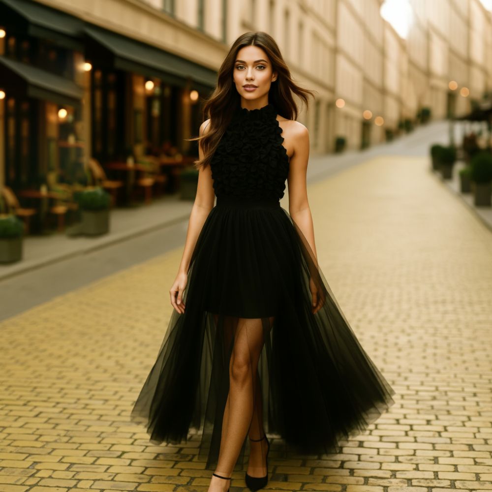 Дълга официална черна рокля с висока цепка и релефно бюстие C0043