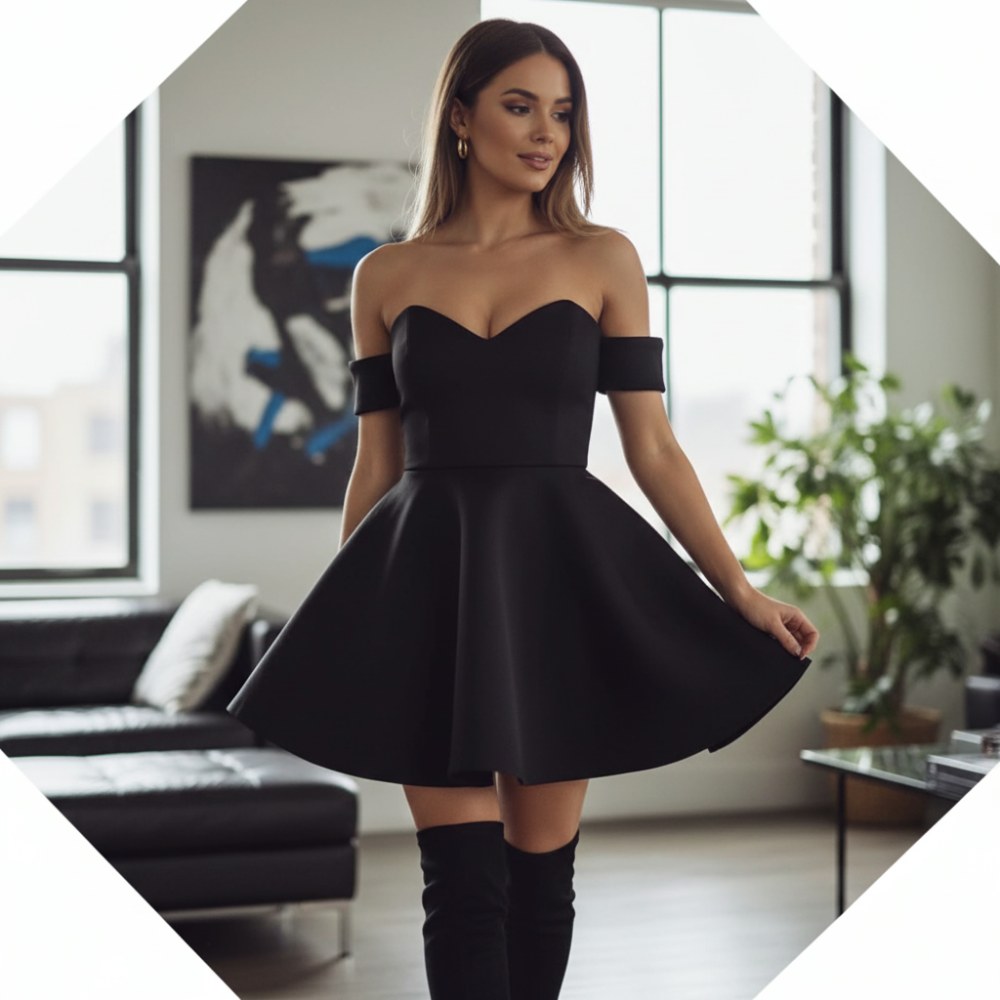 Черна рокля с паднали рамене и разкроена пола C0447