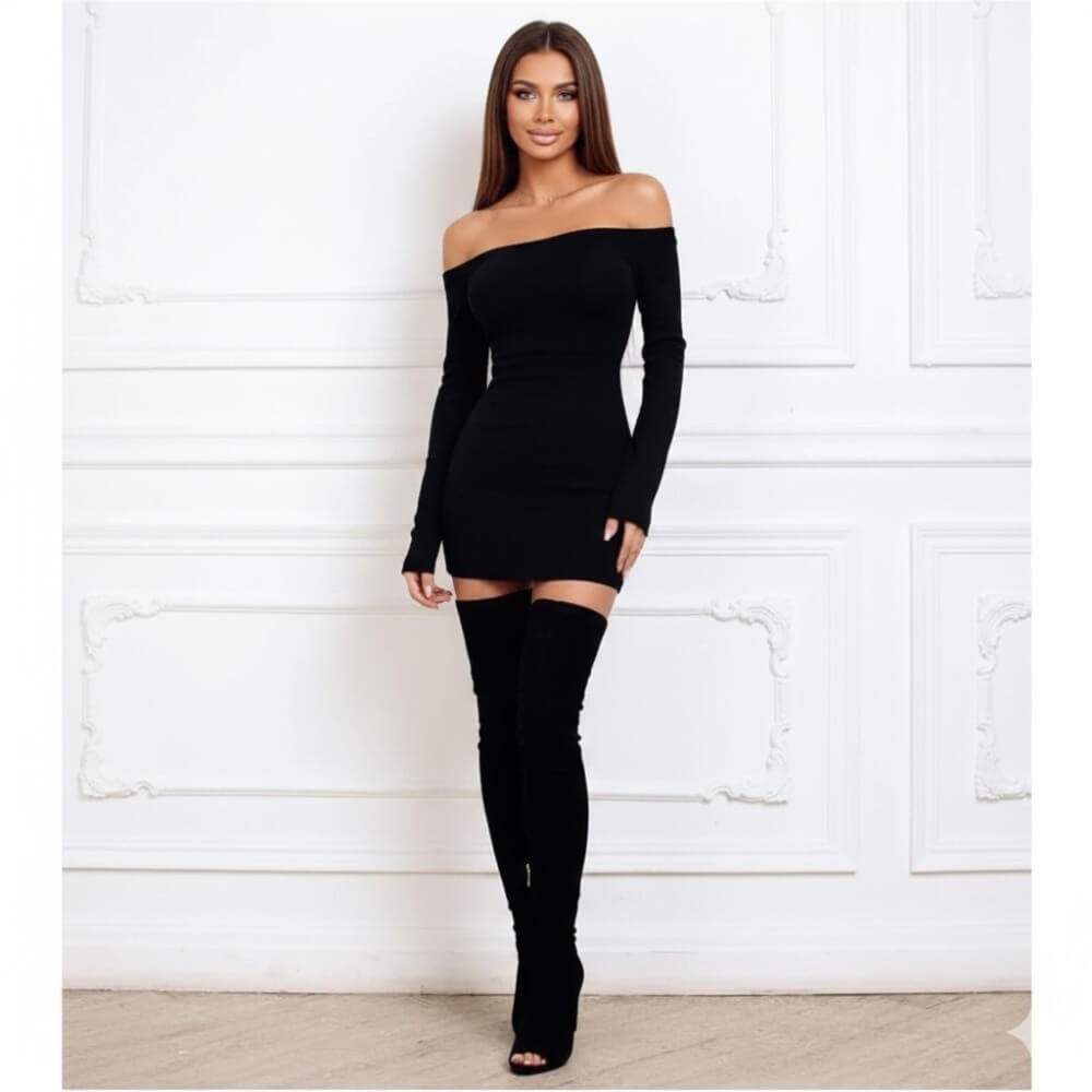 Черна мини рокля тип „off shoulder“ с дълъг ръкав C0385