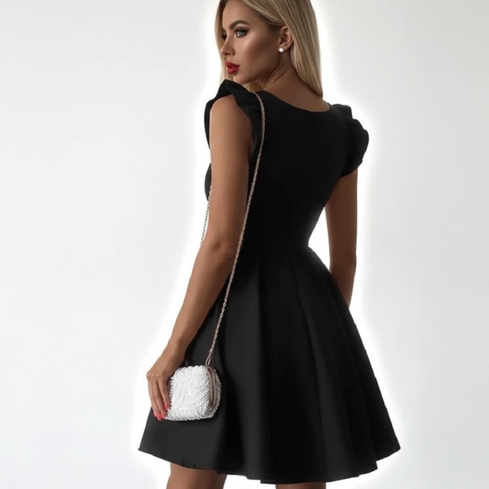 Μαύρο φαρδύ φόρεμα με βολάν στους ώμους C0431