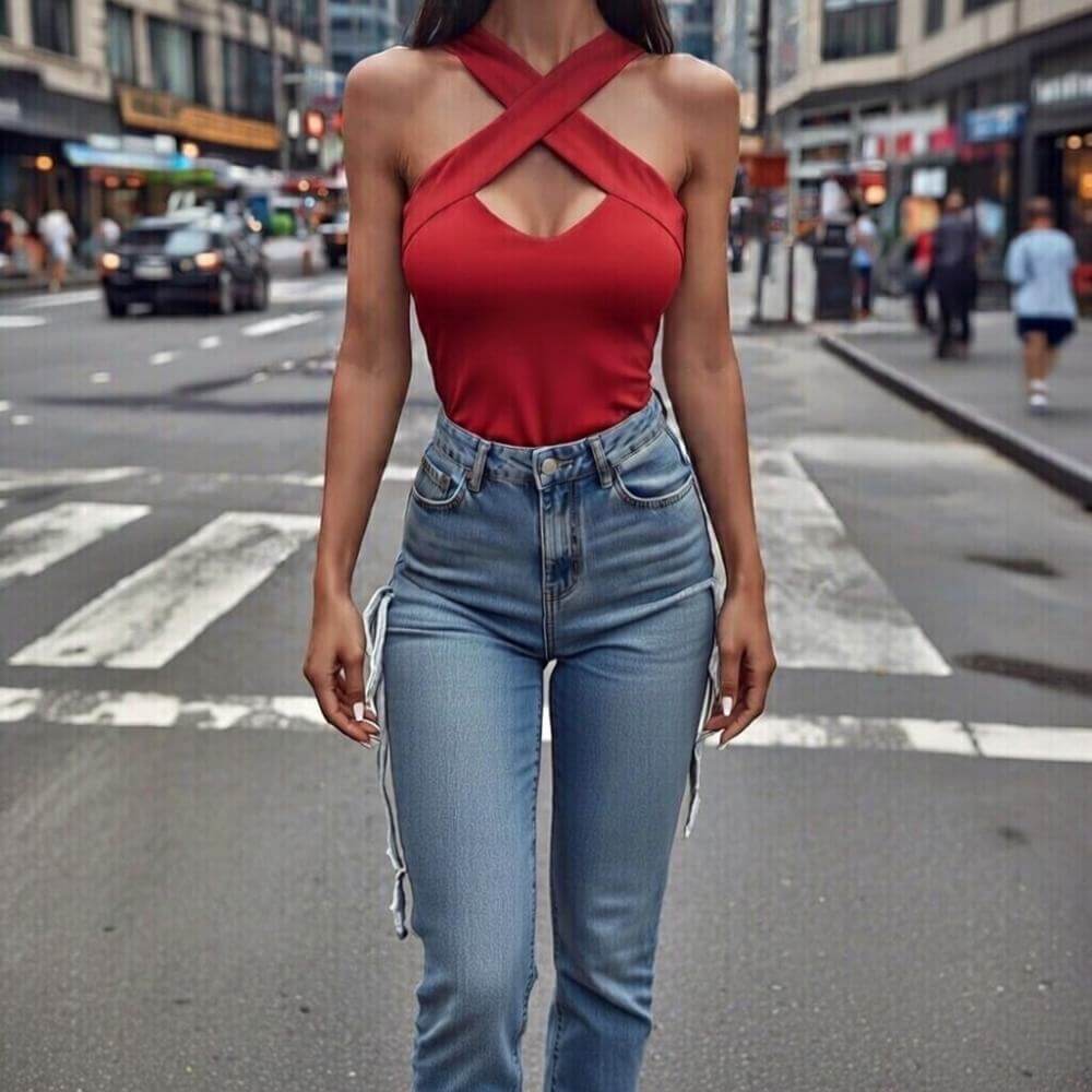 Дамски червен топ с преплетено деколте C0533