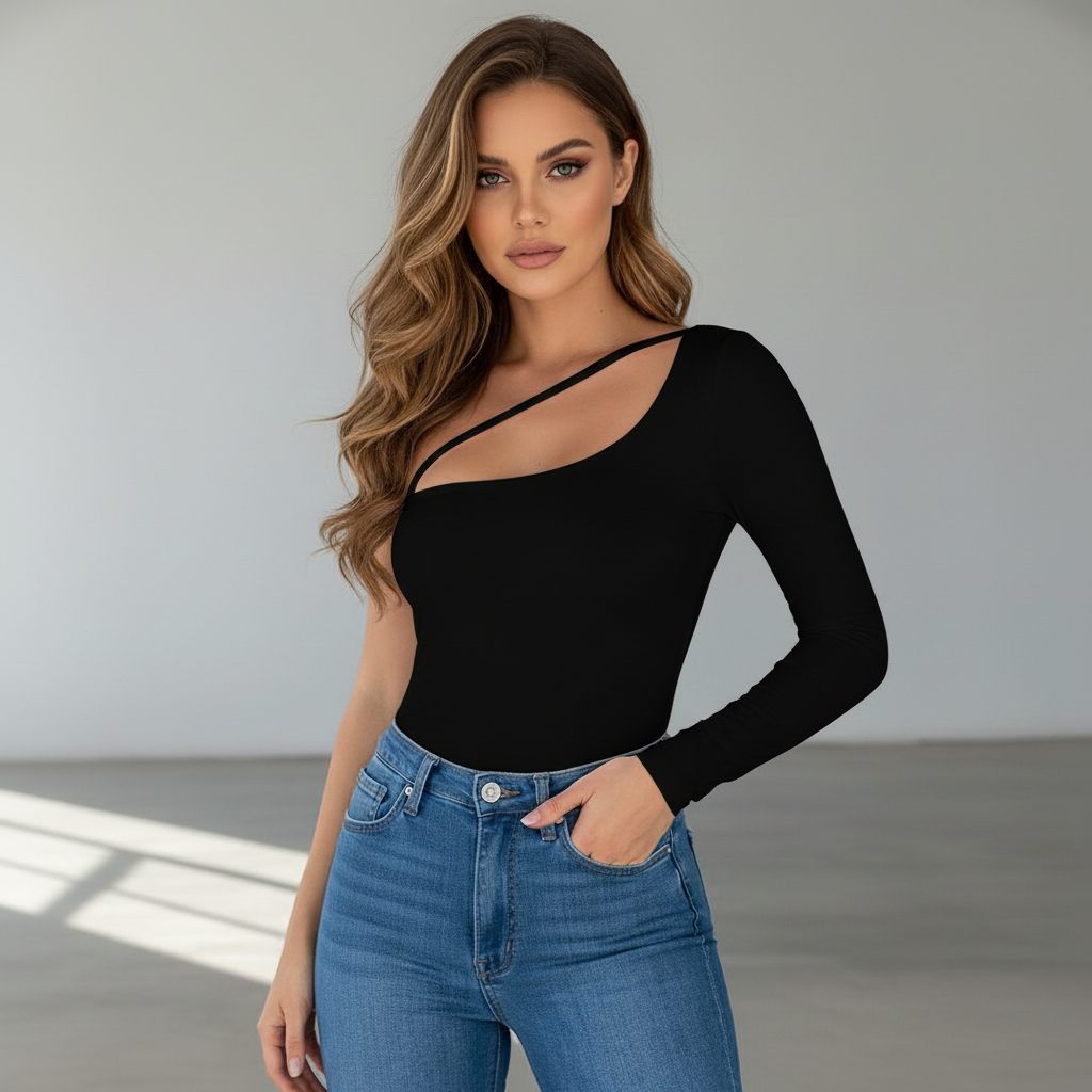 Черна дамска блуза с асиметрично деколте и един ръкав C0502