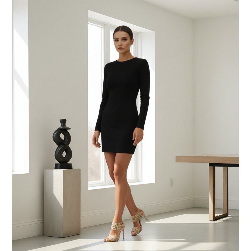 Елегантна черна рокля с гол гръб и дълъг ръкав C0462