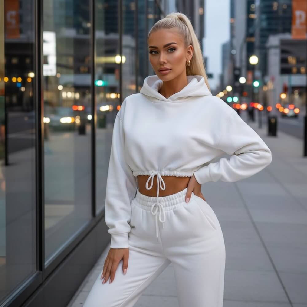 Бял спортен комплект с къс суичър с качулка C0244
