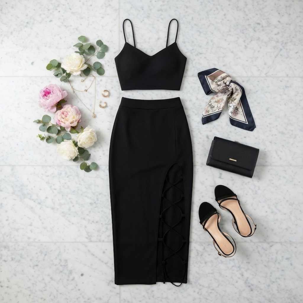 Set elegant negru cu crăpătură înaltă și legături C0276
