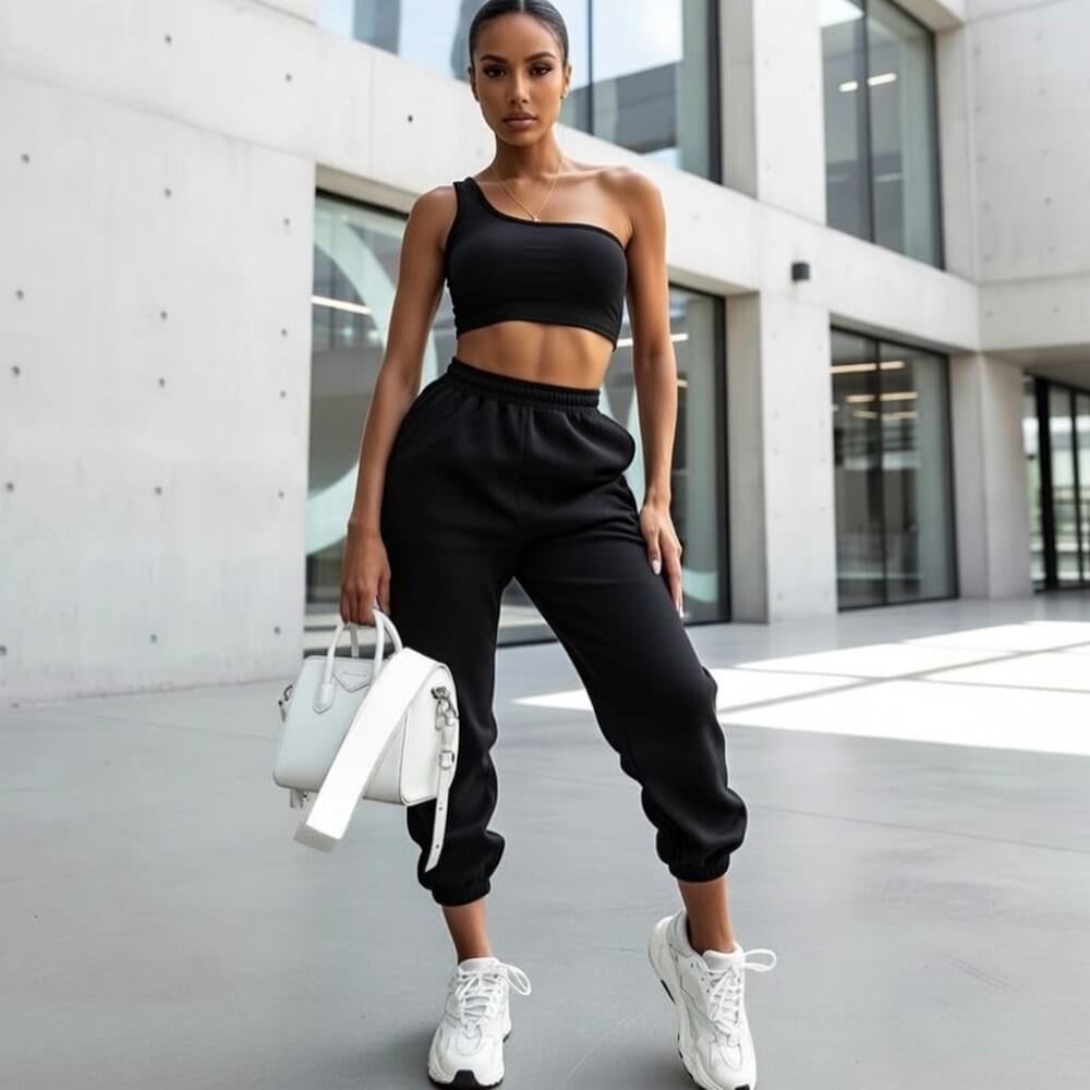 Черен спортен комплект с асиметричен топ C0258